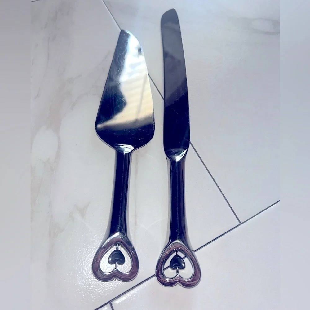 Set of Cake Cutting  Serving Utensils Silver Chrome Hearts Wedding Special